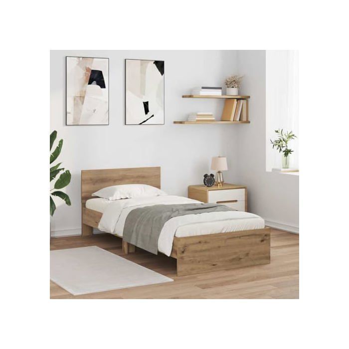 Bettgestell aus Holzwerkstoff – vidaXL – Handgefertigte Eiche – 90 x 190 cm – Mehrfarbige LED-Beleuchtung – USB