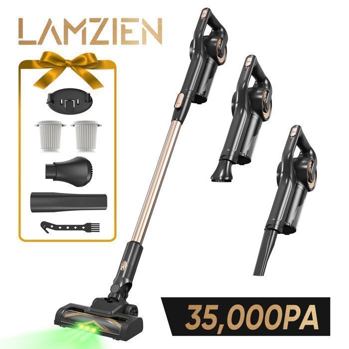 Aspirateur Balai Sans Fil LAMZIEN V9PRO - 35kPA - 40min d’autonomie - Léger - Brosse Anti-Enchevêtrement - Lumière LED Verte