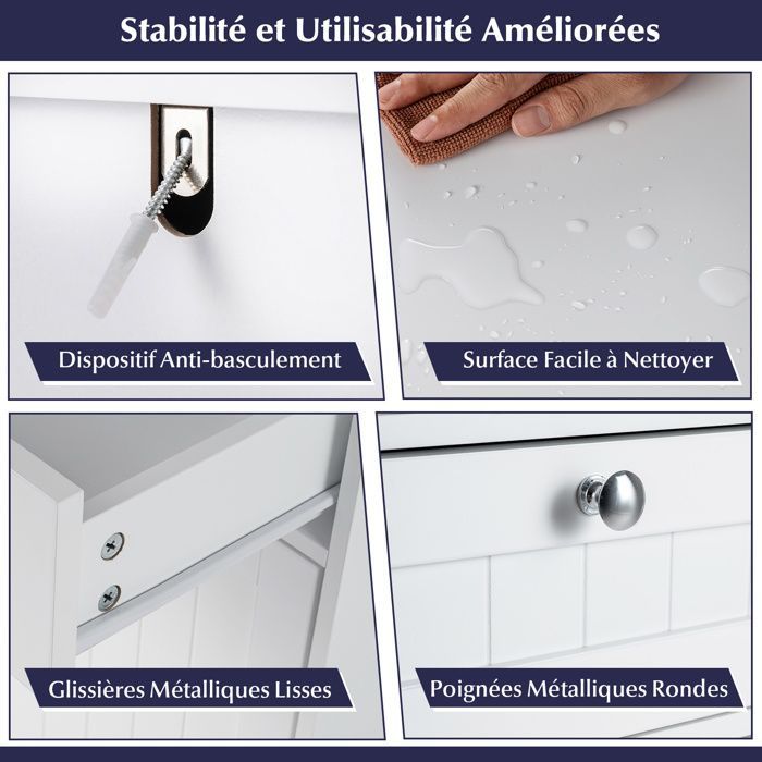 Armario de baño COSTWAY con cesta plegable, 2 cajones y 2 cestas de ropa extraíbles para baño o lavadero, color blanco.