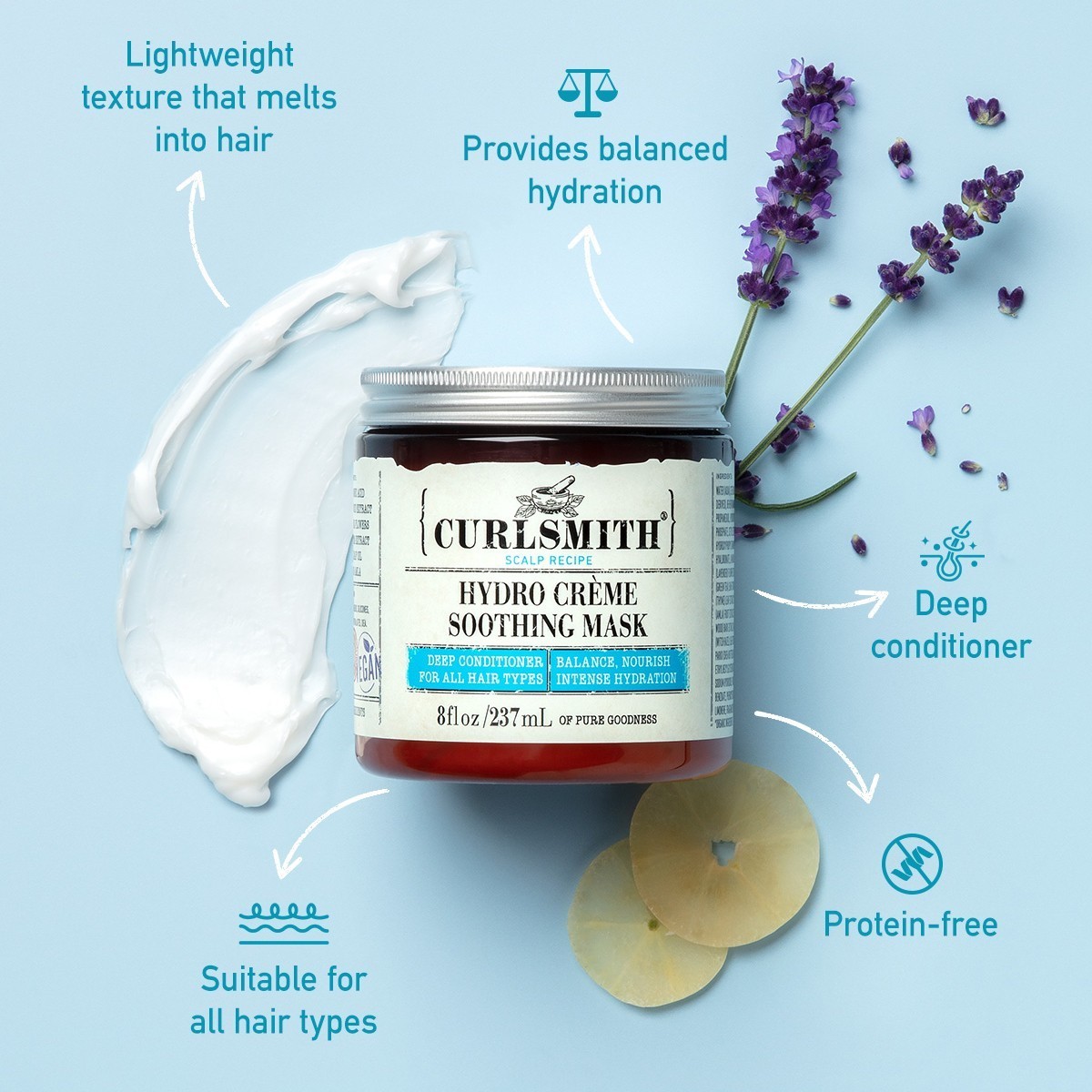 „Curlsmith“ hidro kreminė plaukų kaukė – raminamoji kaukė – 237 ml