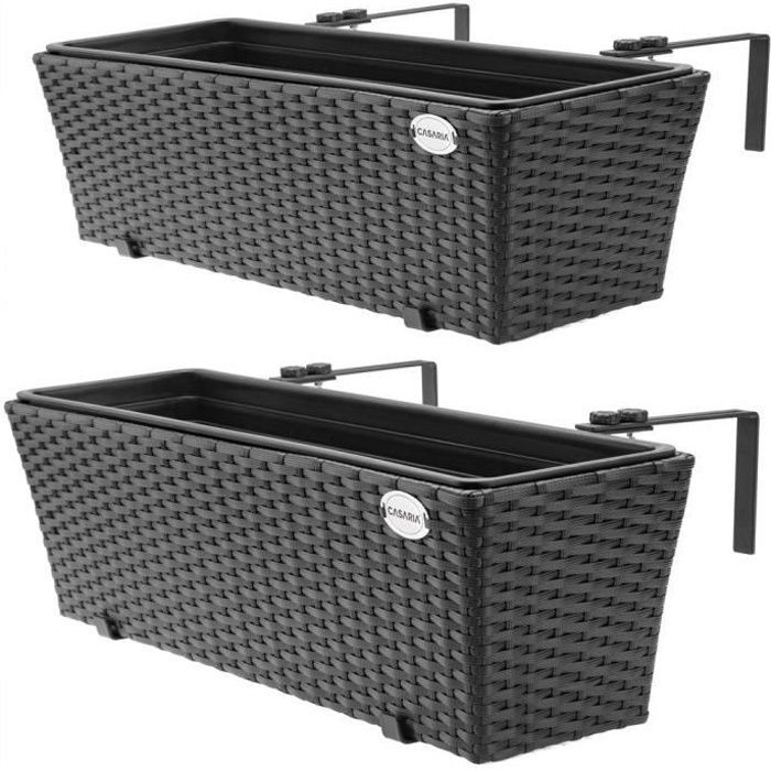 2 jardineras de ratán sintético negro, macetas para balcón, con accesorios de montaje, para terraza, ventana o barandilla.