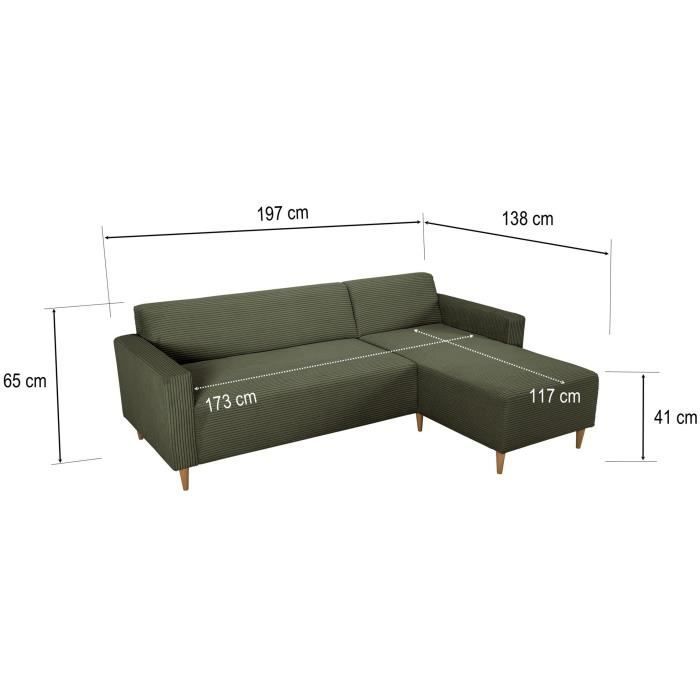 Sofá esquinero fijo reversible - 4 plazas - BOB - Pana color caqui - 197 x 138 x 65 cm