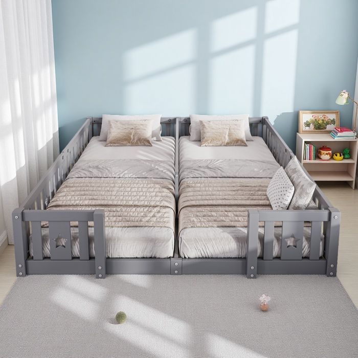 Lit enfant,Lit de Sol 90 x 200 cm,Montessori en Bois de pin Massif,Peut accueillir 2 enfants,Protection Anti-Chute snas Matelas,gris