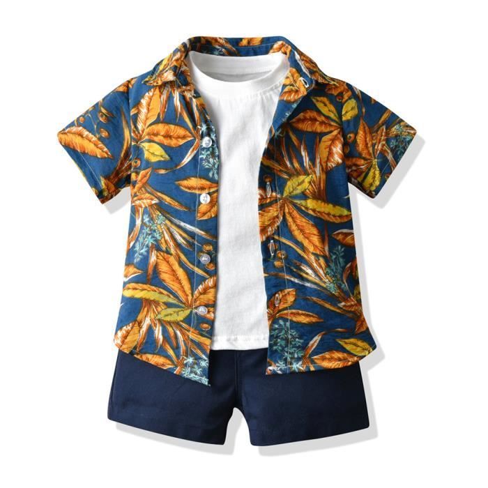 Conjunto de 3 piezas para niños: camisa hawaiana, camiseta y pantalones cortos para las vacaciones de verano.