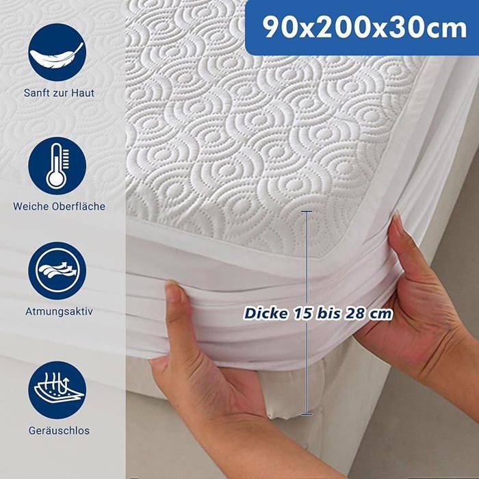 Capa impermeável e respirável de 90 x 200 cm, adequada para colchões de até 30 cm de espessura. Cinza.