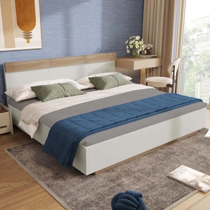 Letto matrimoniale 160x200cm - struttura in legno - rete a doghe - stile scandinavo - rovere + bianco