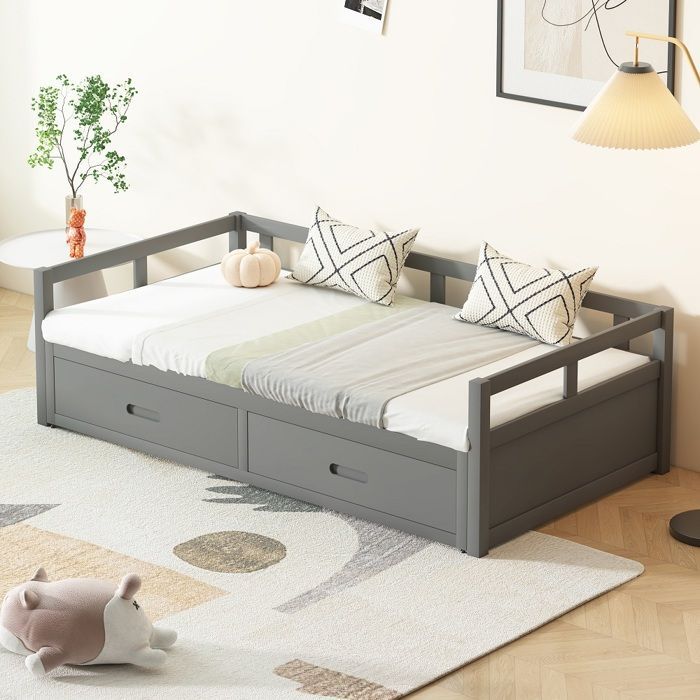 Adult bed, convertible sofa bed 90/180x200 cm with drawers and slatted bed bases, grey