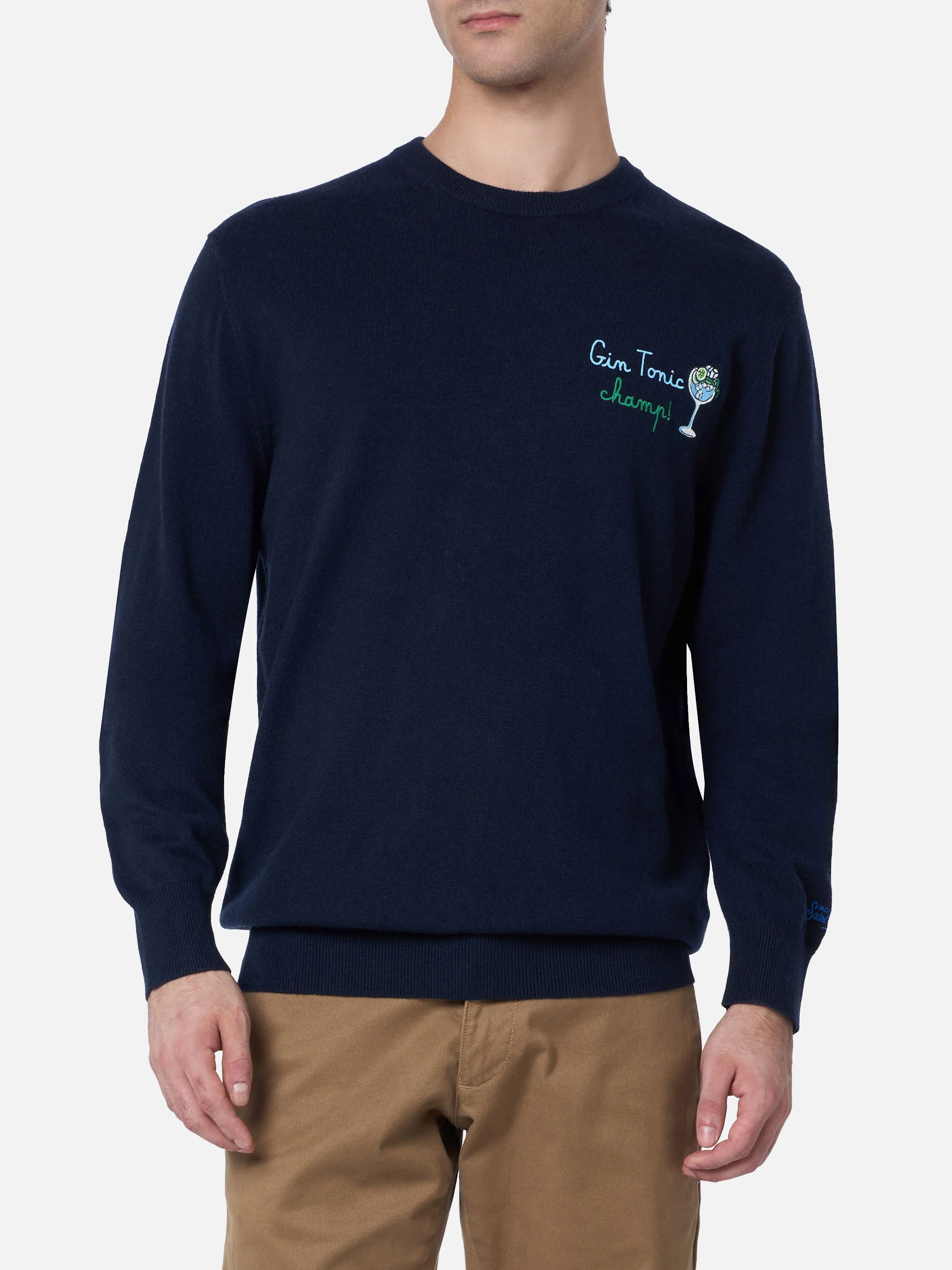 Heron Man Blue Crew-Neck Sweater | St Barth Logo & Gin Tonic Champ Embroidery | Ribbed Collar, Cuffs, and Hem | Regular Fit | MC2 Saint Barth