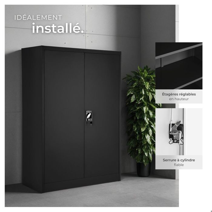 Office storage - TECTAKE - Metal filing cabinet with 3 adjustable shelves and 2 keys - 90 cm x 40 cm x 140 cm - Black