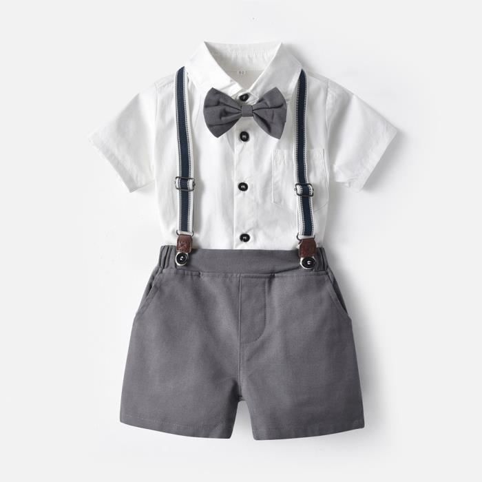 Completo per matrimonio/battesimo da neonato: abito da cerimonia, camicia con papillon, pantaloncini con bretelle - Grigio chiaro
