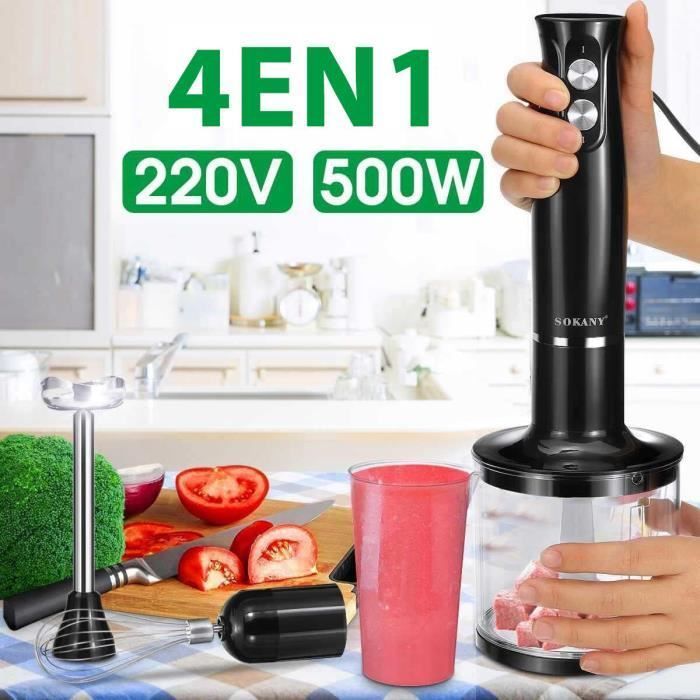 Meidong Mélangeur à Main 500 W, 5 en 1 Mixeur Multifonction , robot culinaire 500 ml, bécher 600 ml et mixeur – 9 vitesses, sans