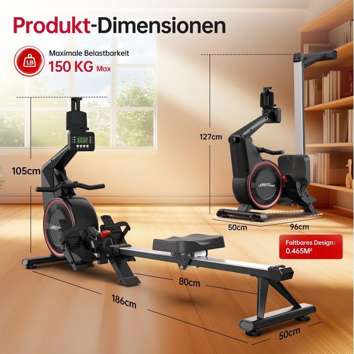 Vogatore pieghevole - JOROTO - MR55 - Aeromagnetico, 10 livelli di resistenza - Schermo LED, Bluetooth - Pieghevole (0,75 m², 150 kg)