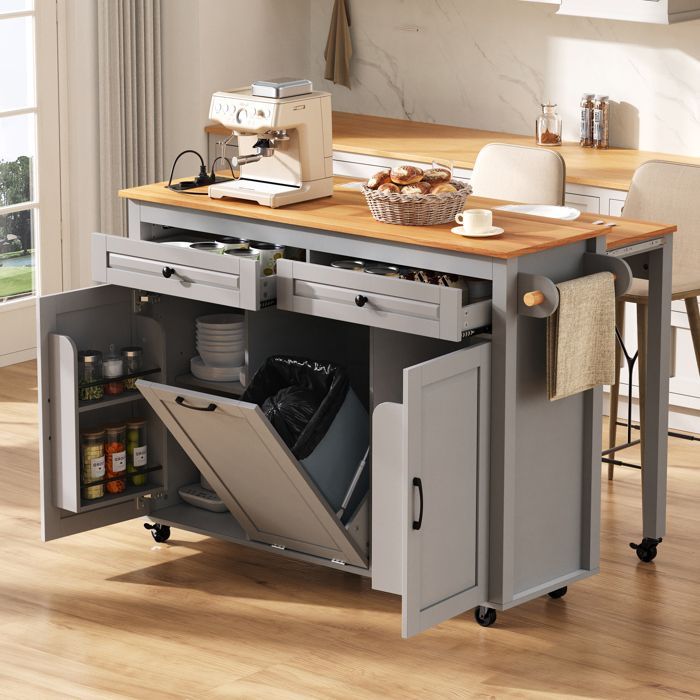 Isla de cocina móvil sobre ruedas: zona de comedor extensible, encimera, compartimento para cubos de basura (gris)