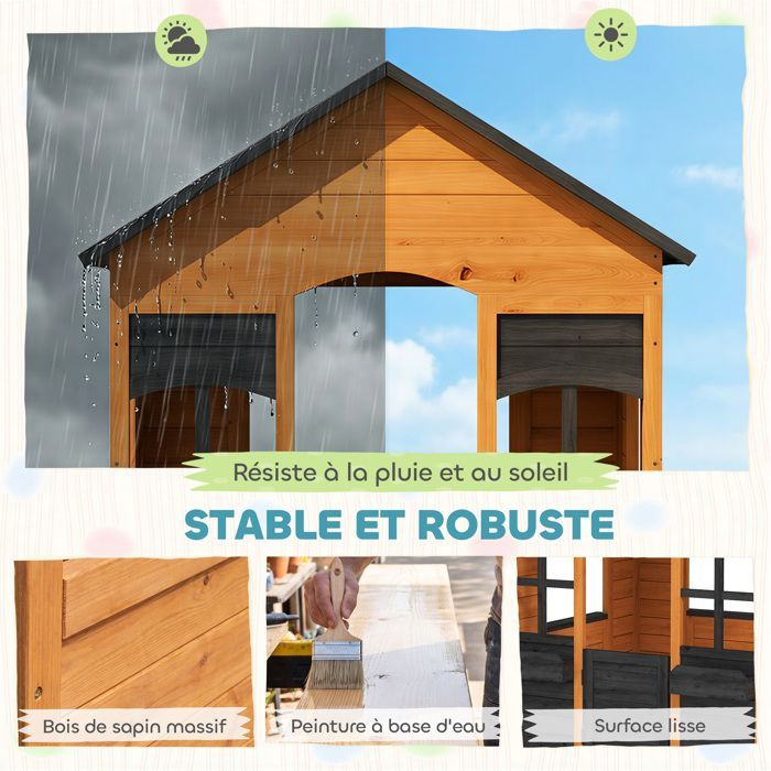 Casita de juegos de madera para exteriores, para niños, con media puerta, ventanas y jardineras, para edades de 3 a 8 años, color marrón claro.