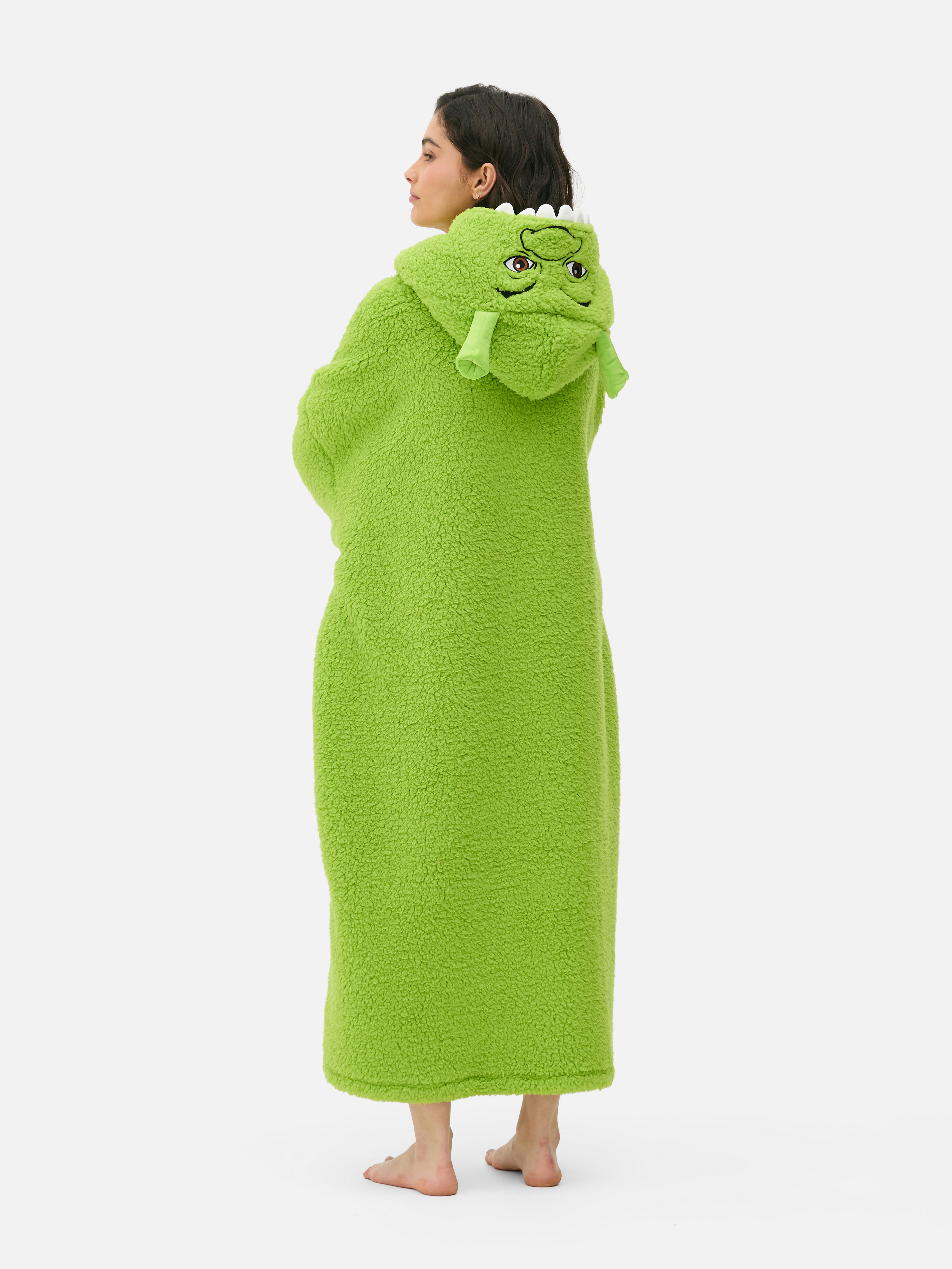 Hosszú női Shrek mintás snuddie. Hosszú Shrek snuddie tágas kapucnival, elülső cipzárral és foltzsebekkel.