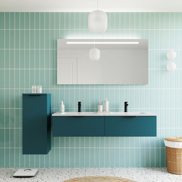 Ensemble salle de bain double vasque 140cm 2 tiroirs Bleu + miroir + colonne gauche - Soho