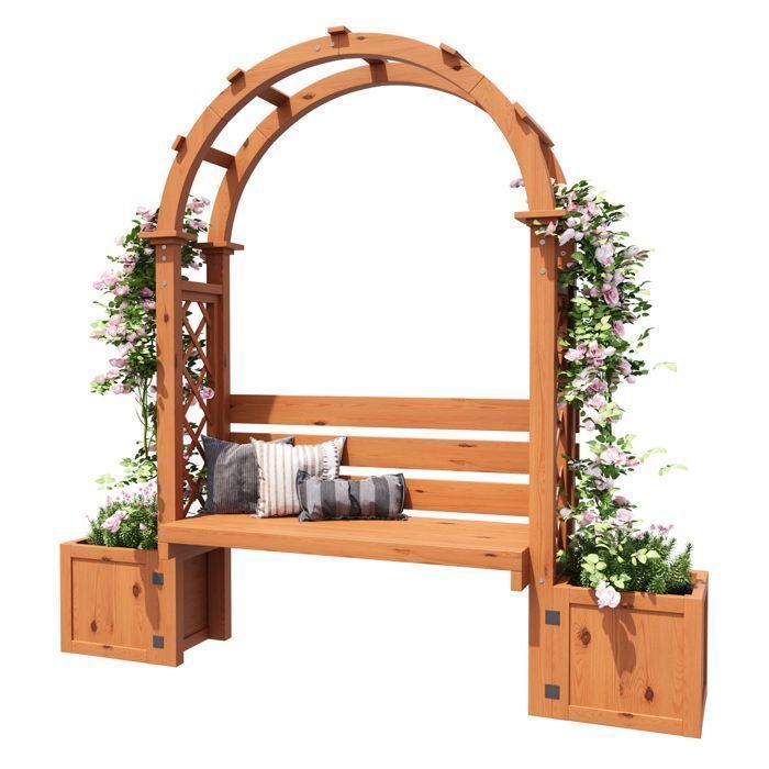 Garden Bench with Arch & Planters - 160x30.5x160cm - 3-in-1 Design - Natural Fir Wood
