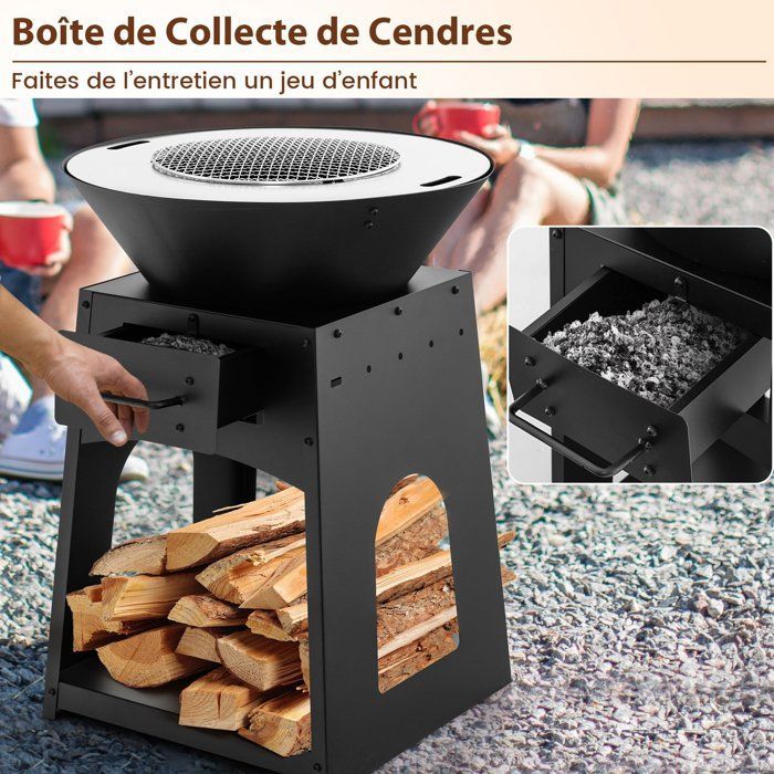 Brasero de patio COSTWAY con almacenamiento, parrilla y caja de cenizas, estante inferior, atizador y guantes, para barbacoa.