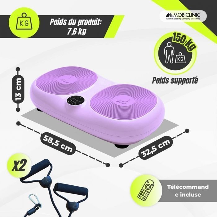 Pedana vibrante Mobiclinic con telecomando, 99 livelli di velocità, fasce elastiche, 9 programmi, schermo viola, Karol