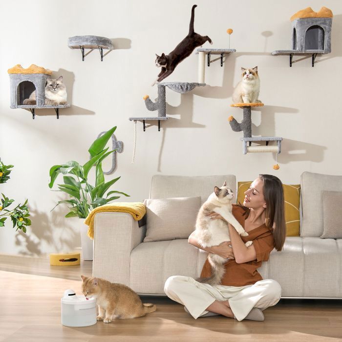 COSTWAY Wall-Mounted Cat Tree Set, 2-Tier Platform, 2 Cat Condos, Cat Bed with Headrest, Scratching Board