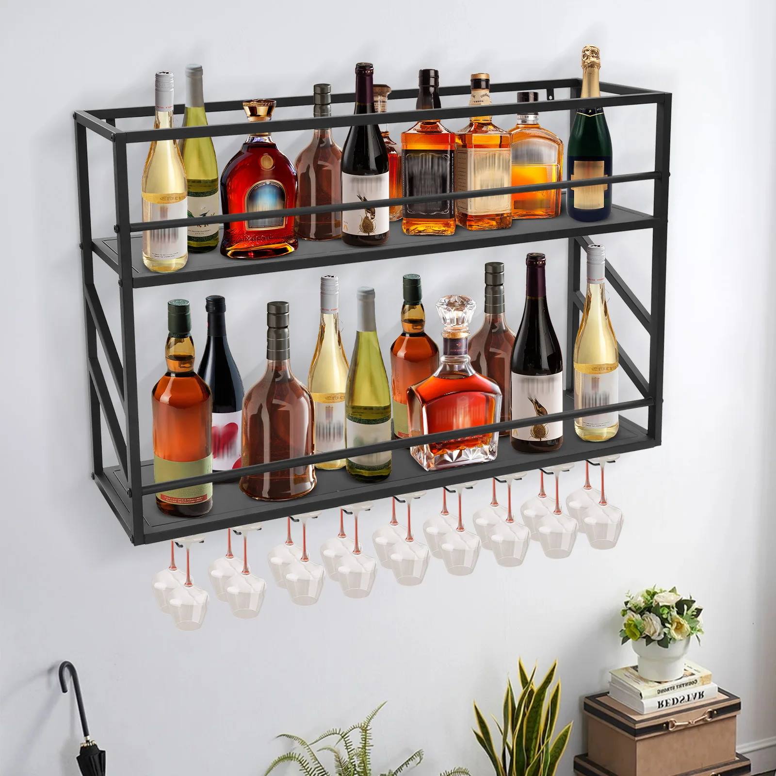 Portabottiglie a doppio strato da parete, portabottiglie in metallo per conservare ed esporre il vino in bar domestici e ristoranti.（100*20*62 cm)