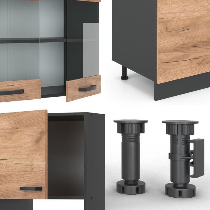 R-Line 300cm keuken met hoge kast, PT Eiken, Goud Eiken, Antraciet, Vicco 43153