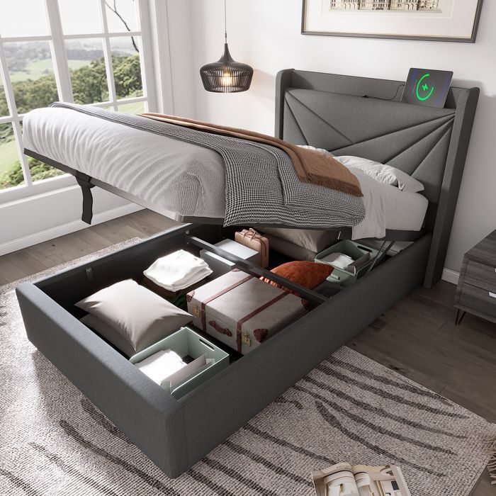Letto contenitore - MODERNLUXE - 90x200cm - Tessuto in lino - Porta USB - Base a doghe