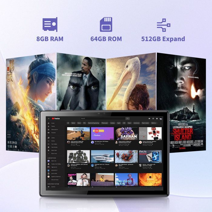 Tablet Tibuta de 10 polegadas com Android 15, 8 GB de RAM + 64 GB de ROM (expansível até 128 GB), processador quad-core, bateria de 5000 mAh e capa.