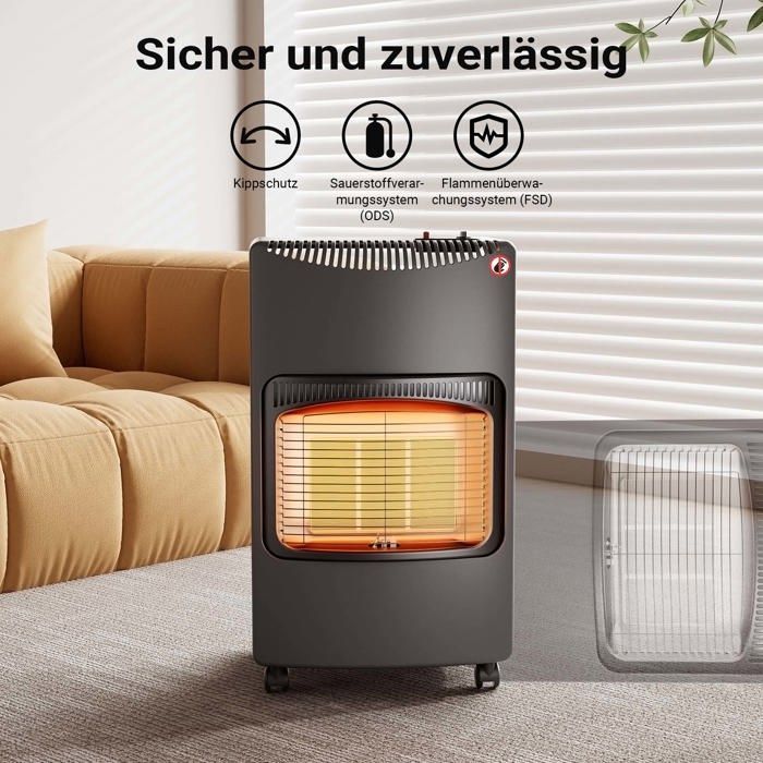 Calefactor de gas infrarrojo Wiltec, negro, 7,5 kg, 3 niveles de potencia (1,4 kW-4,2 kW), plegable, 420 x 450 x 757 mm, con encendido piezoeléctrico.