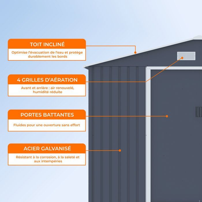 5,29 m² Metalen tuinschuur - 277 x 191 x 202 cm - VENUS Inclusief verankeringsset, 2 schuifdeuren, 1 zijraam Grijs