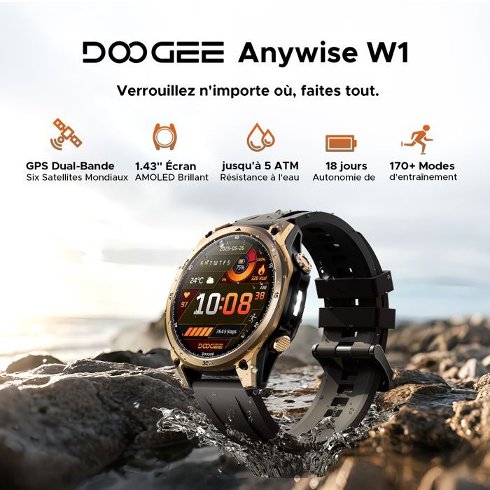 DOOGEE Anywise W1 Montre Intelligente – 5ATM Etanche, GPS Double Fréquence, 170+ Modes Sportifs, Écran AMOLED 1.43''-Or