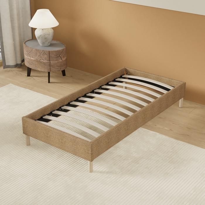 Cama com estrado de ripas 90 x 190 cm - Estofada em tecido marrom - Estável e resistente - Pés centrais reforçados