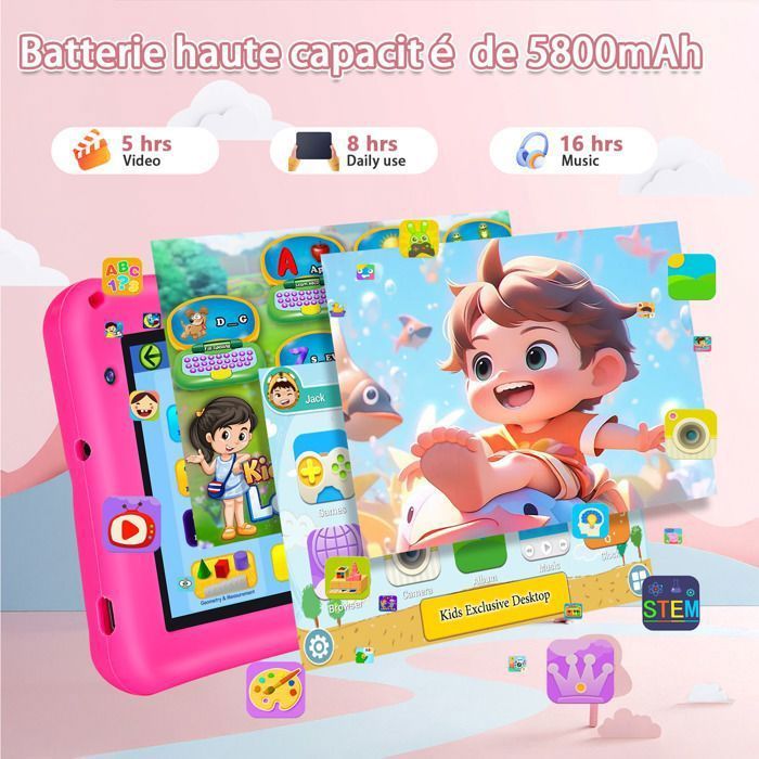 Tableta infantil de 7 pulgadas, Android 13, 8 GB de RAM, 64 GB de ROM, procesador Octa-Core, batería de 5800 mAh, control parental, con funda a prueba de niños - Rosa