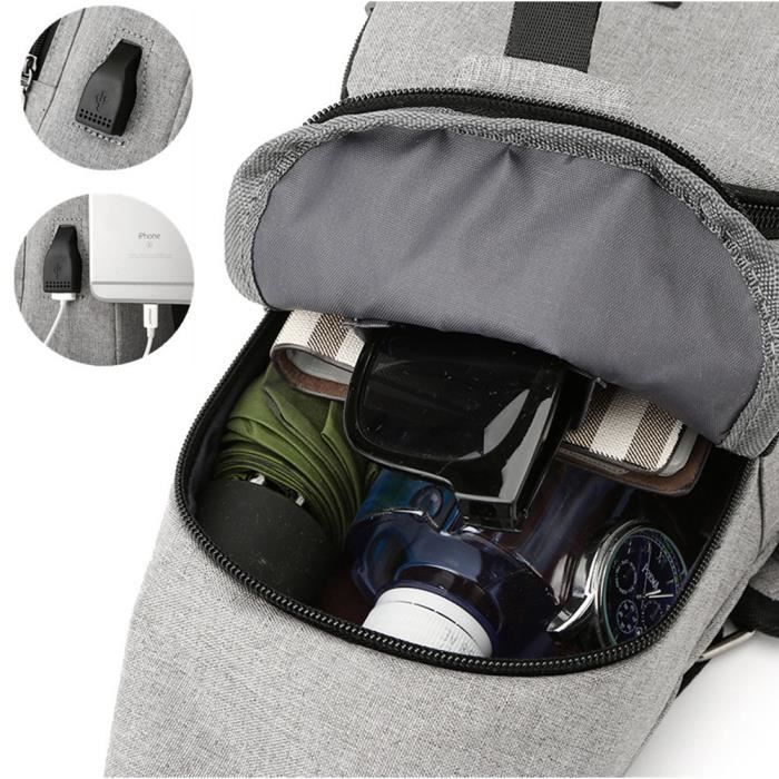 Bolso bandolera negro para hombre con puerto USB, ideal para deportes y viajes.