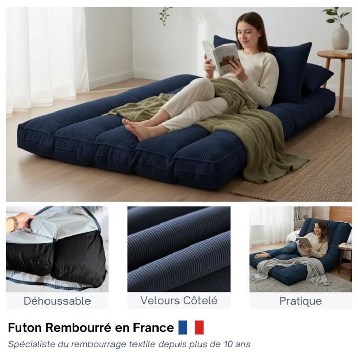 Futón con funda extraíble - 140 x 190 cm - Bananair - Azul oscuro