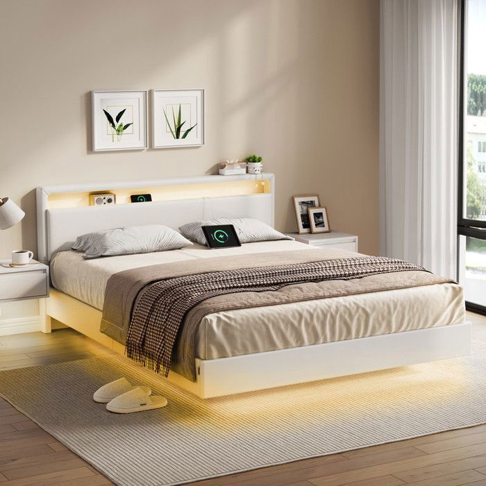 Struttura letto matrimoniale VASAGLE, 160 x 200 cm, letto sospeso, letto con illuminazione a LED, testiera alta, multipresa, bianco