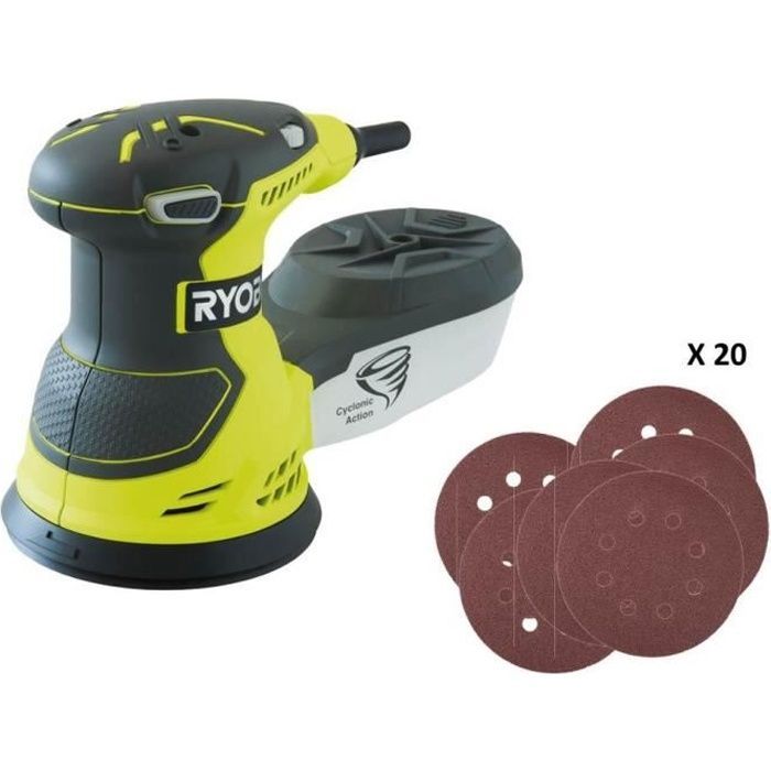 RYOBI - Lijadora orbital aleatoria de 300 W - 7.000-13.000 oscilaciones/min - 125 mm de diámetro - Se suministra en una bolsa de transporte con 20 discos de lijado - ROS300A