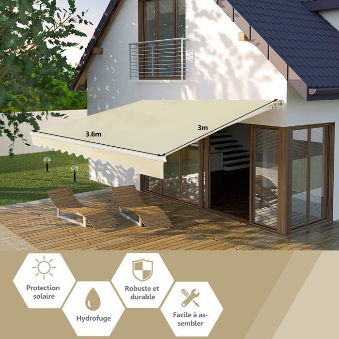 COSTWAY Store Banne de Balcon Manuel 3,6 X 3M avec Tissu Résistant aux UV et à l'Eau Cadre Aluminium Angle Réglable 5-35° Beige