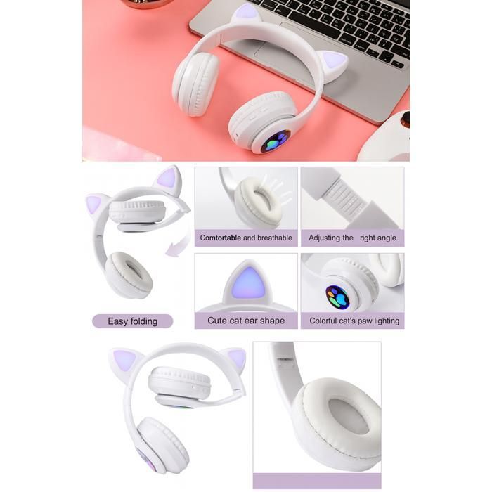 Fones de ouvido Bluetooth sem fio TECHTA para crianças, dobráveis em formato de gato com luzes LED piscantes, Bluetooth 5.0 com microfone.