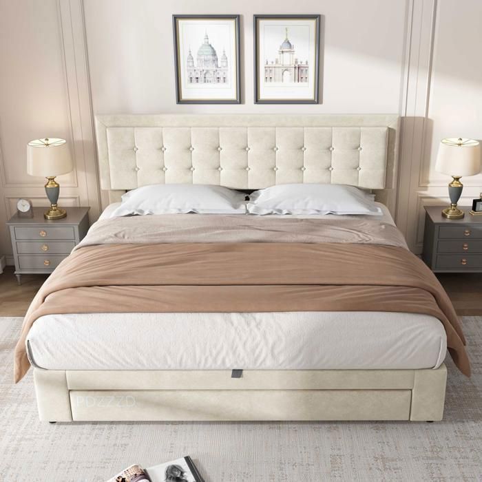Lit coffre double 180x200cm en velours avec grand tiroir, Décor avec boutons, Sommier à lattes inclus, Style scandinave, Beige