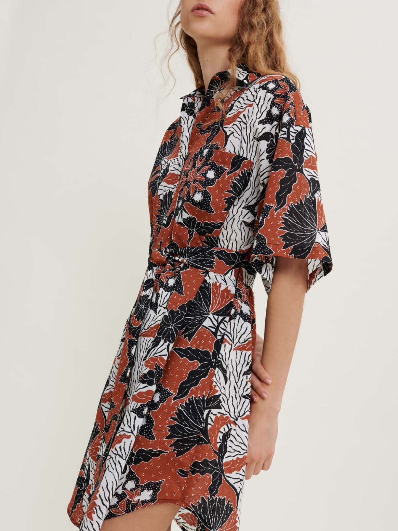 Jurk van katoenchiffon met print, etnisch terracotta
