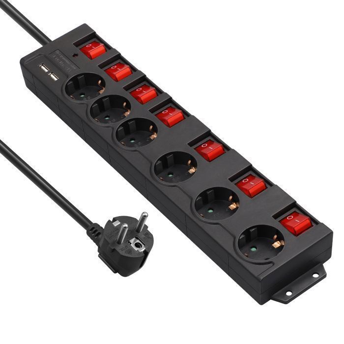 Regleta DEWENWILS - 6 tomas de corriente y 2 puertos USB - Cable de 2 m - 3680 W/16 A - 7 interruptores - Negra