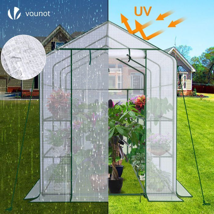 VOUNOT® Serre de jardin avec étagères 143x215x195cm blanc - bâche renforcée 135g/m² - fenêtre moustiquaire - porte enroulable