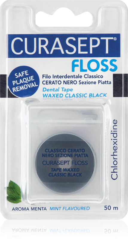 Fita dental Curasept Clássica Encerada Preta, fita dental encerada com agente antibacteriano.
