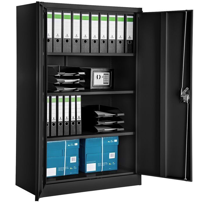 Office storage - TECTAKE - Metal filing cabinet with 3 adjustable shelves and 2 keys - 90 cm x 40 cm x 140 cm - Black
