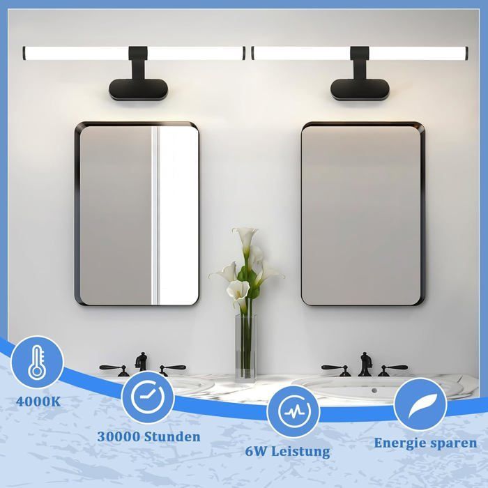 Lámpara de pared LED Homefire para baño, luz LED para espejo 4000K blanco neutro IP44 8W 60CM Lámpara de pared moderna negra e impermeable