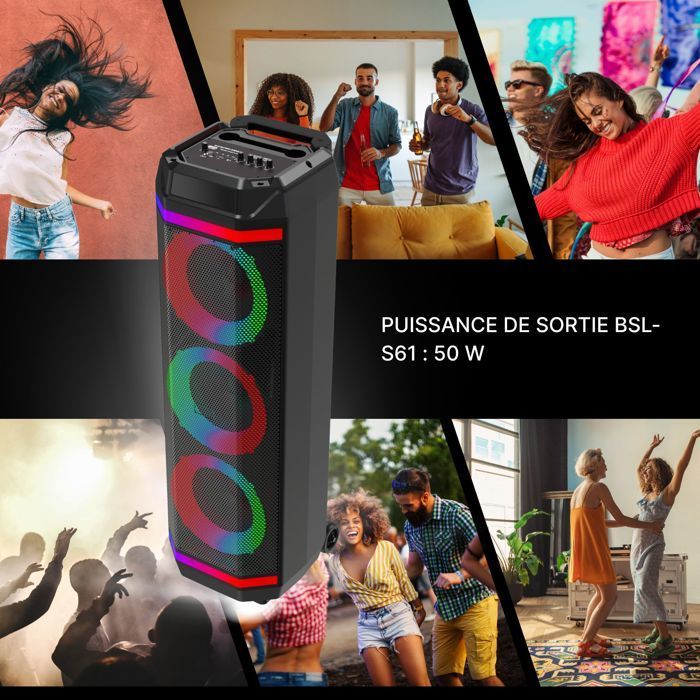 Caixa de som Bluetooth BSL-S61 de 50 W, com microfone embutido, rádio FM/USB MP3 e função karaokê USB-C.