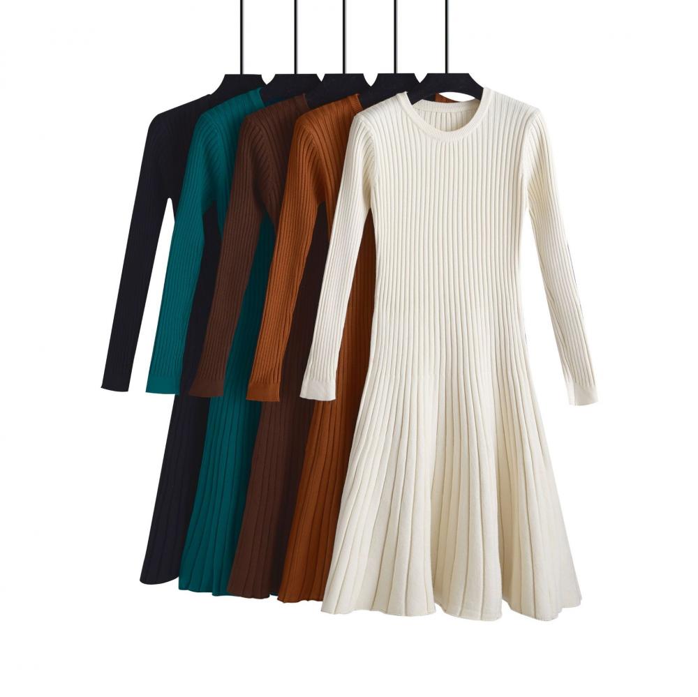Robe pull automne-hiver femme mi-mollet longue chic, robe trapèze en maille côtelée douce