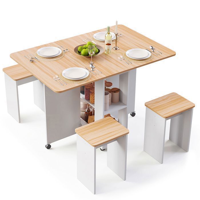 Conjunto de comedor Mondeer con 4 sillas, mesa de cocina plegable con estantes, mesa y silla, 120x80x80 cm, roble y blanco.