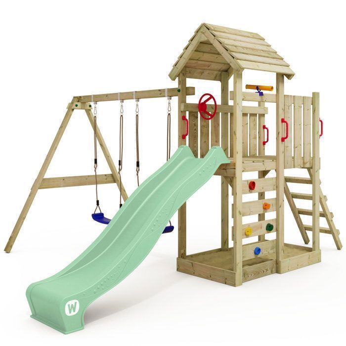 WICKEY MultiFlyer wooden play area with wooden roof, double swing and 220 cm slide, pastel green – 10-year guarantee*
